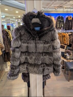 Luxurious Gray Hooded Silver Fox Teddy Fur Jacket